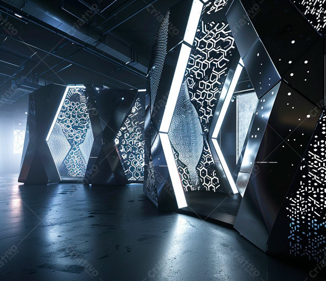 Instalação futurista com painéis metálicos e iluminação LED