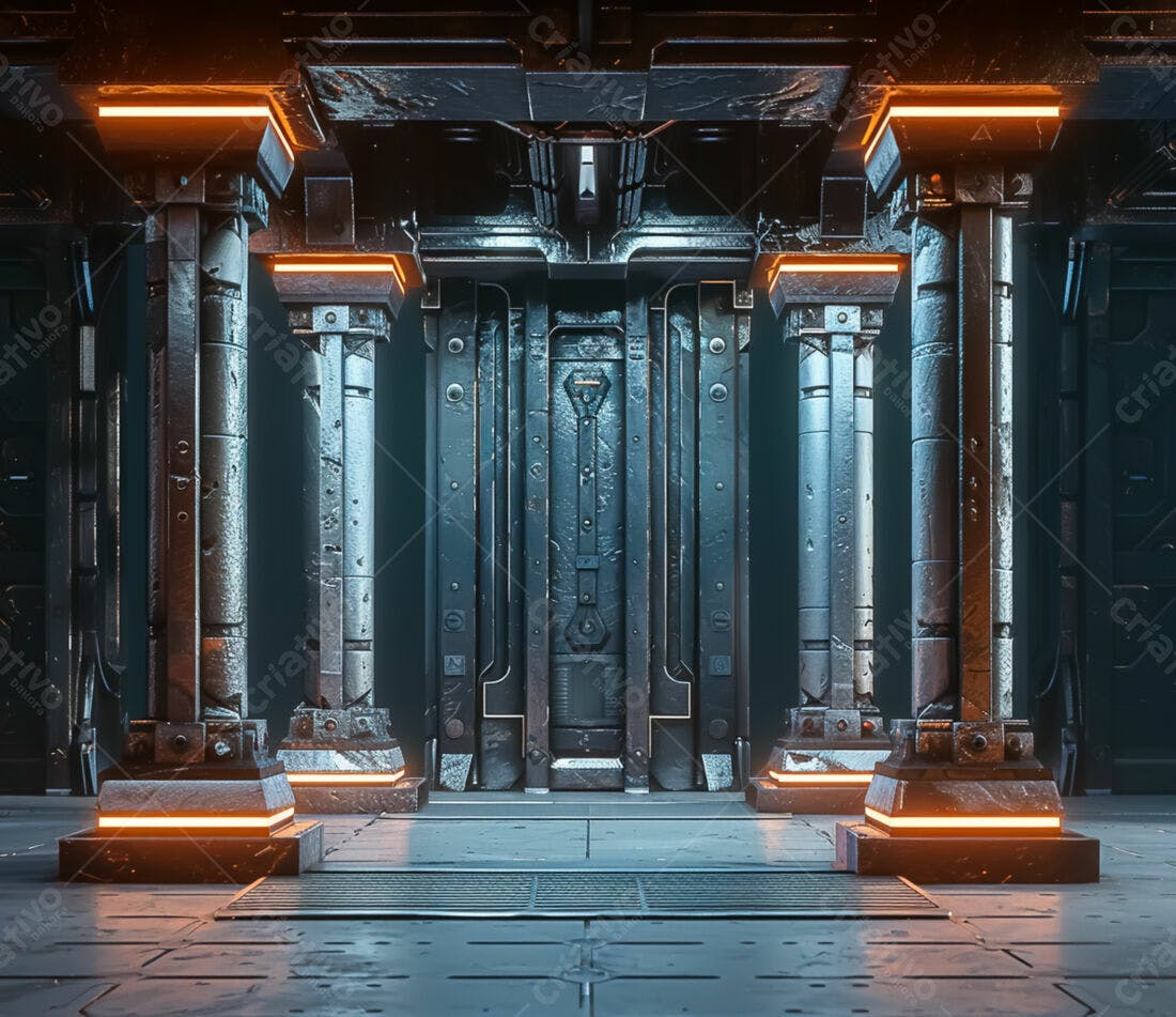 Portal futurista metálico com colunas e iluminação laranja