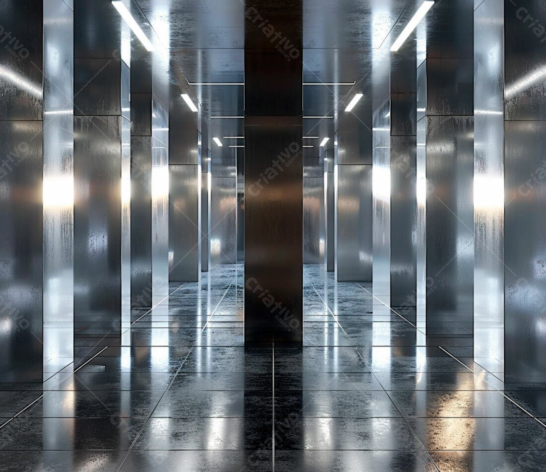 Corredor metálico futurista com iluminação moderna