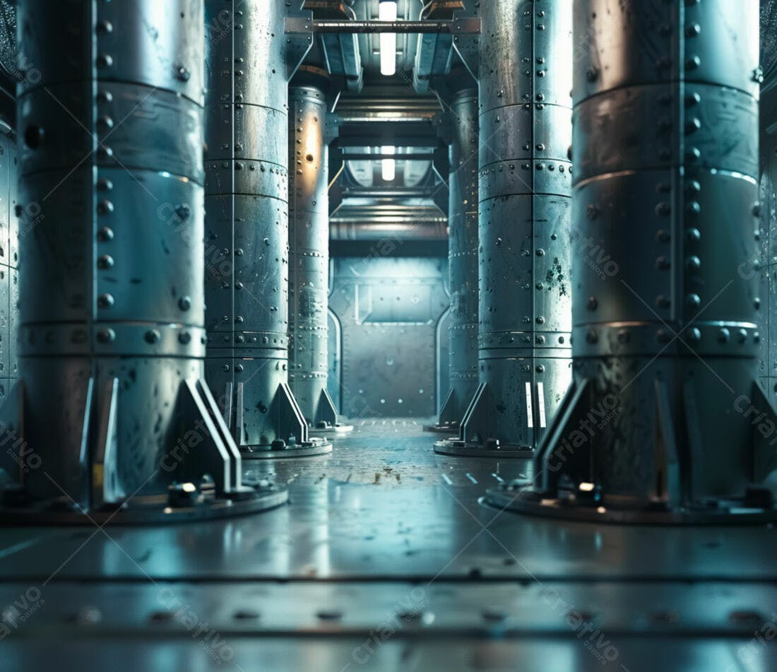 Corredor industrial futurista com pilares metálicos