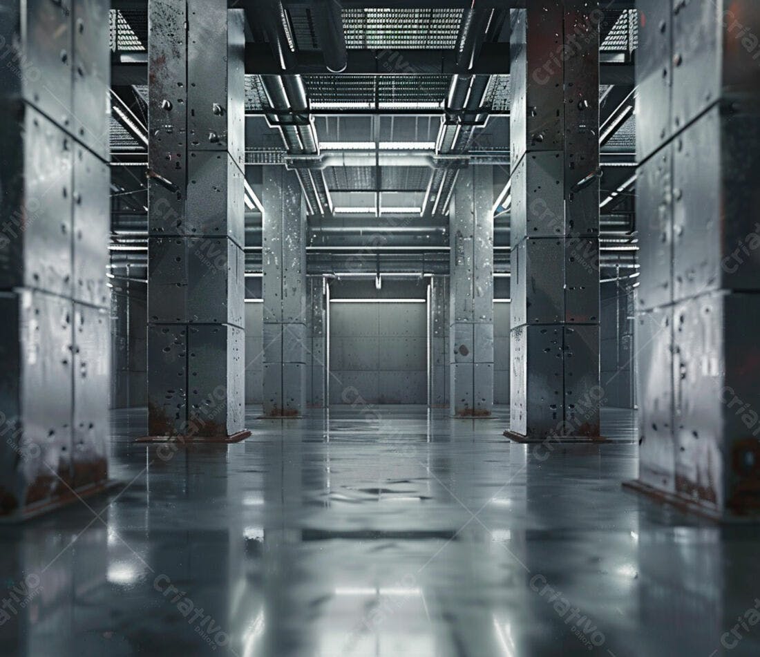 Ambiente industrial subterrâneo com pilares de concreto