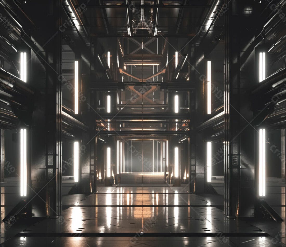 Corredor futurista com iluminação neon