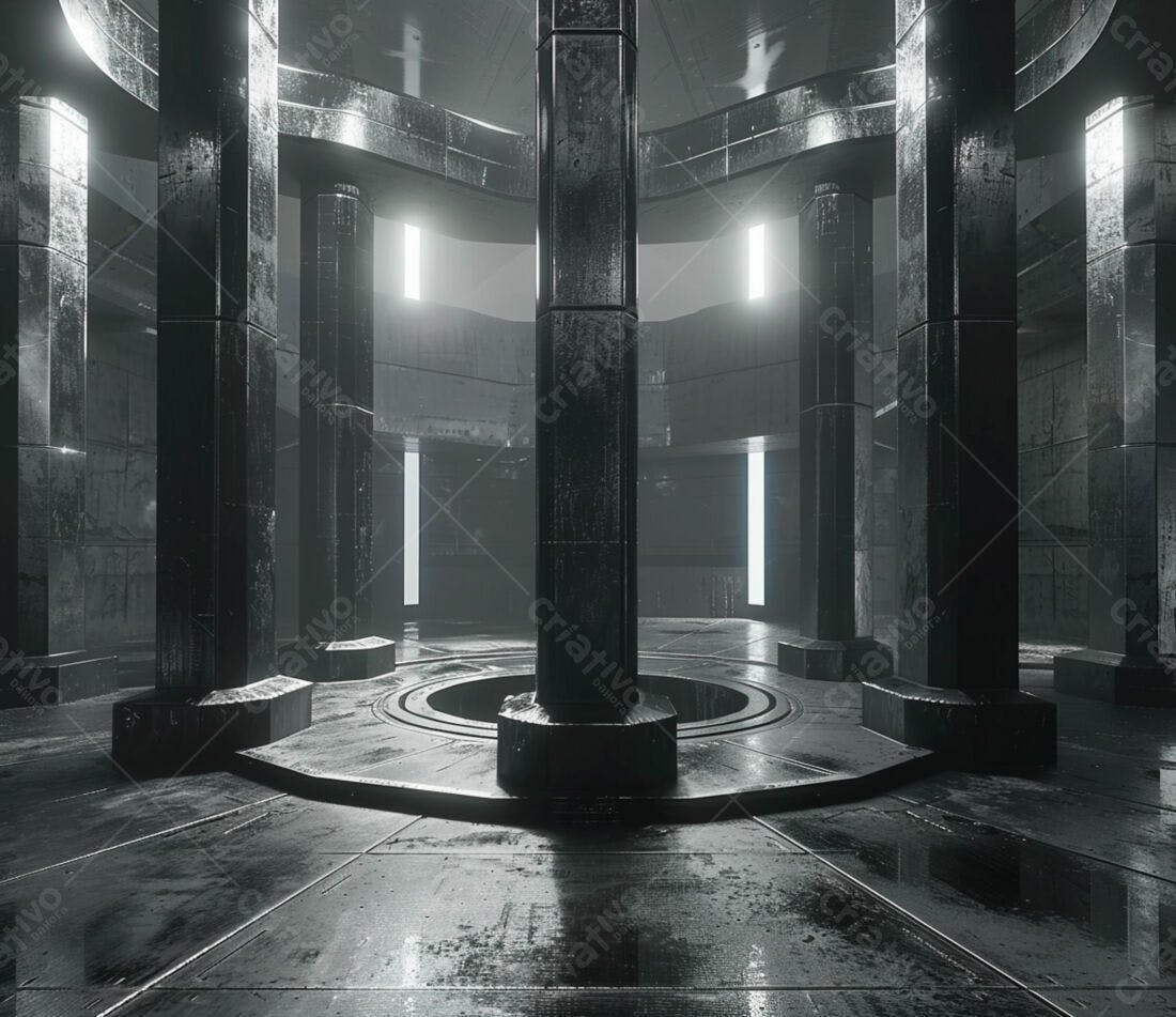 Interior futurista com colunas de metal escuro