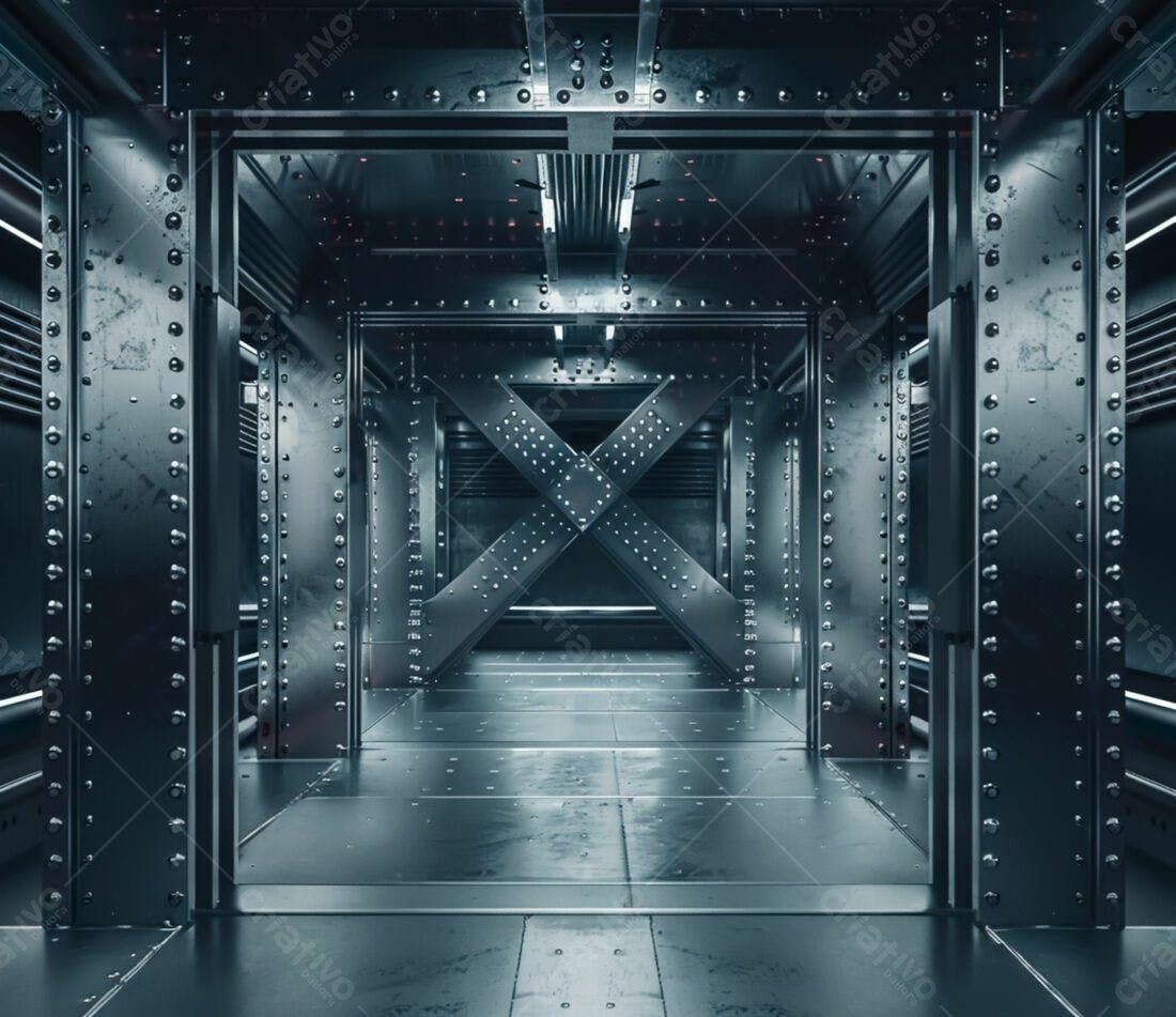 Corredor metálico futurista com estrutura em X