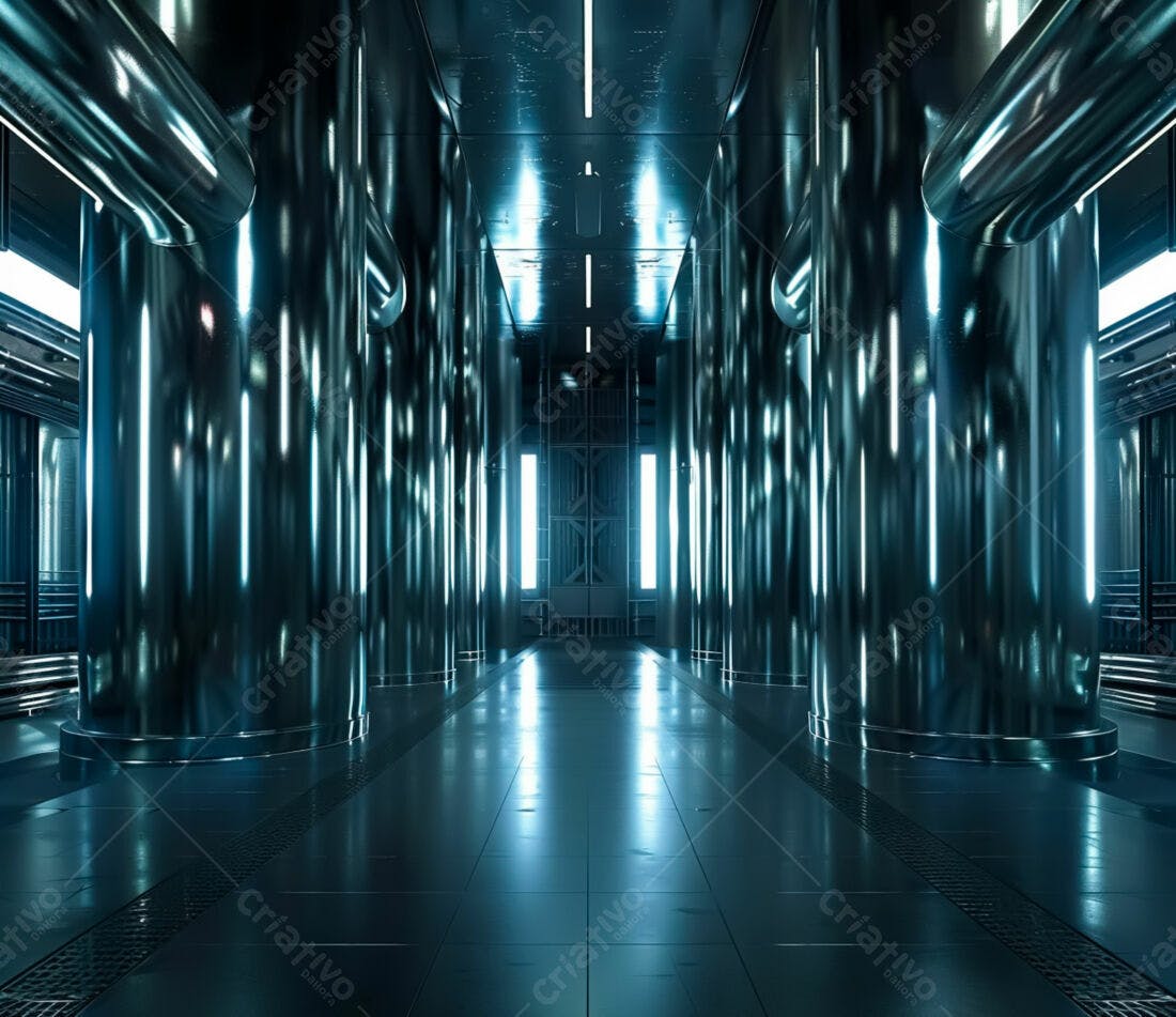 Corredor futurista com colunas metálicas e iluminação azul