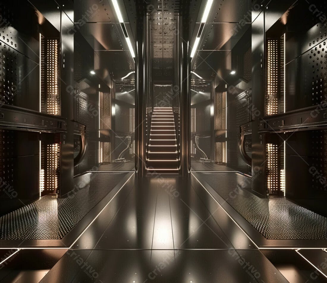Interior futurista com escadas iluminadas