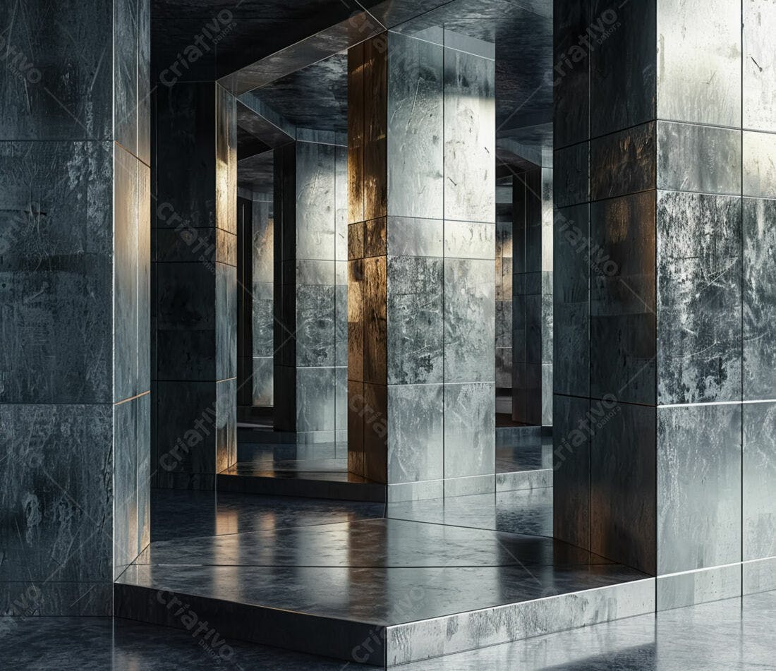 Interior Moderno com Colunas de Pedra Escura e Detalhes Dourados