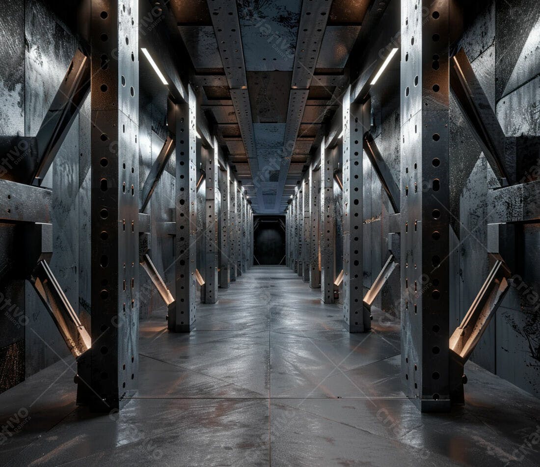 Corredor metálico futurista com iluminação industrial
