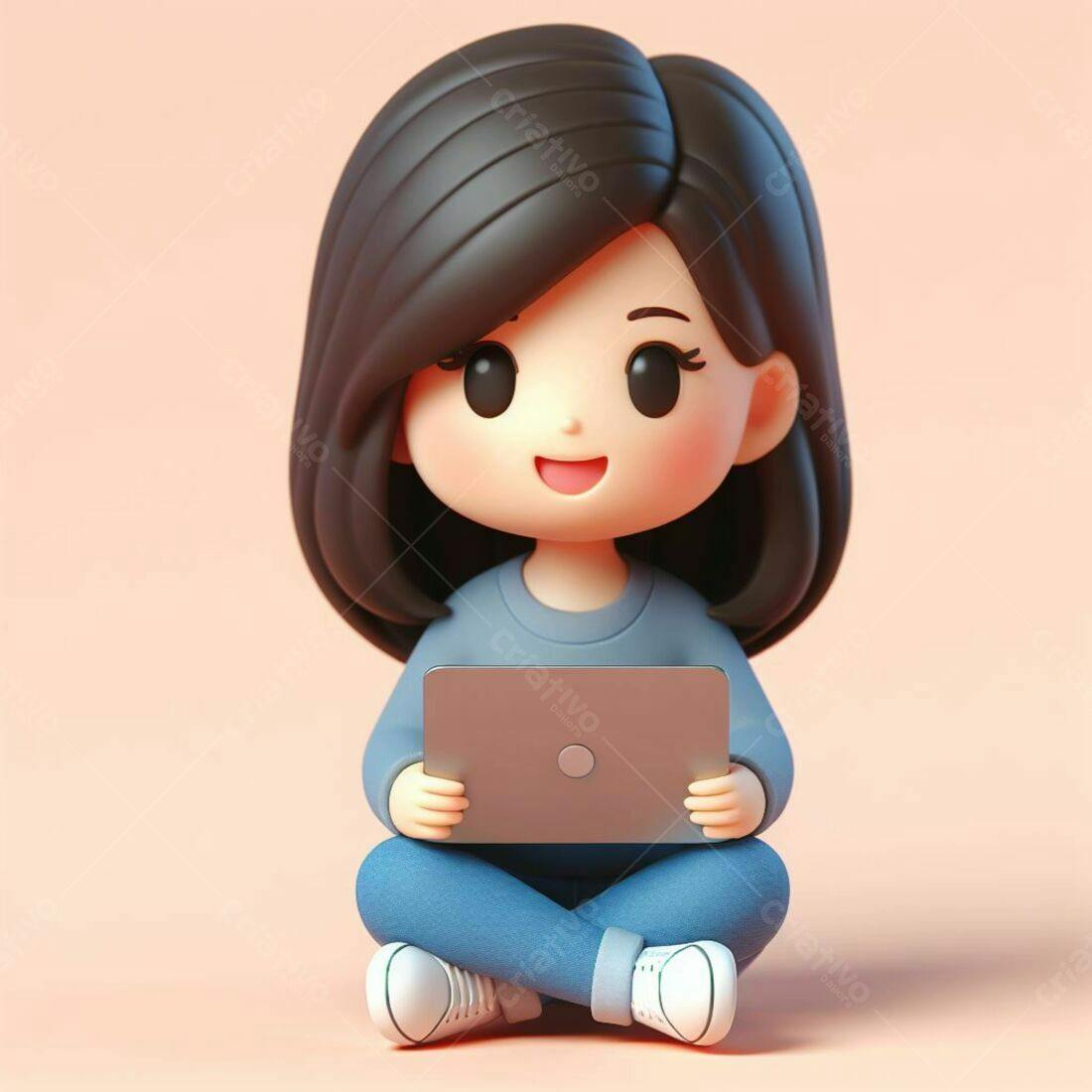 Menina com tablet sentada de pernas cruzadas