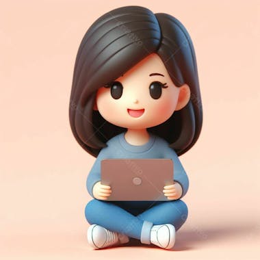 Personagem 3d feminino sentada feliz estilo cartoon de frente segurando laptop