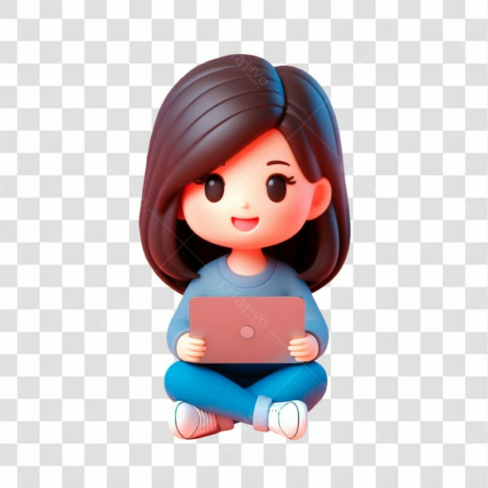 Personagem 3D Feminino Sentada Feliz Estilo Cartoon De Frente Com Laptop