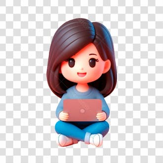 Personagem 3d feminino sentada feliz estilo cartoon de frente com laptop
