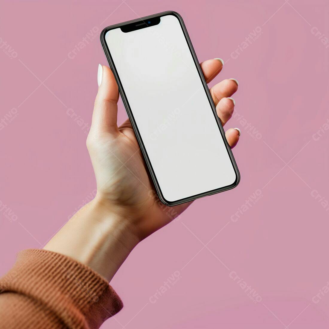 Mão segurando smartphone tela branca fundo rosa