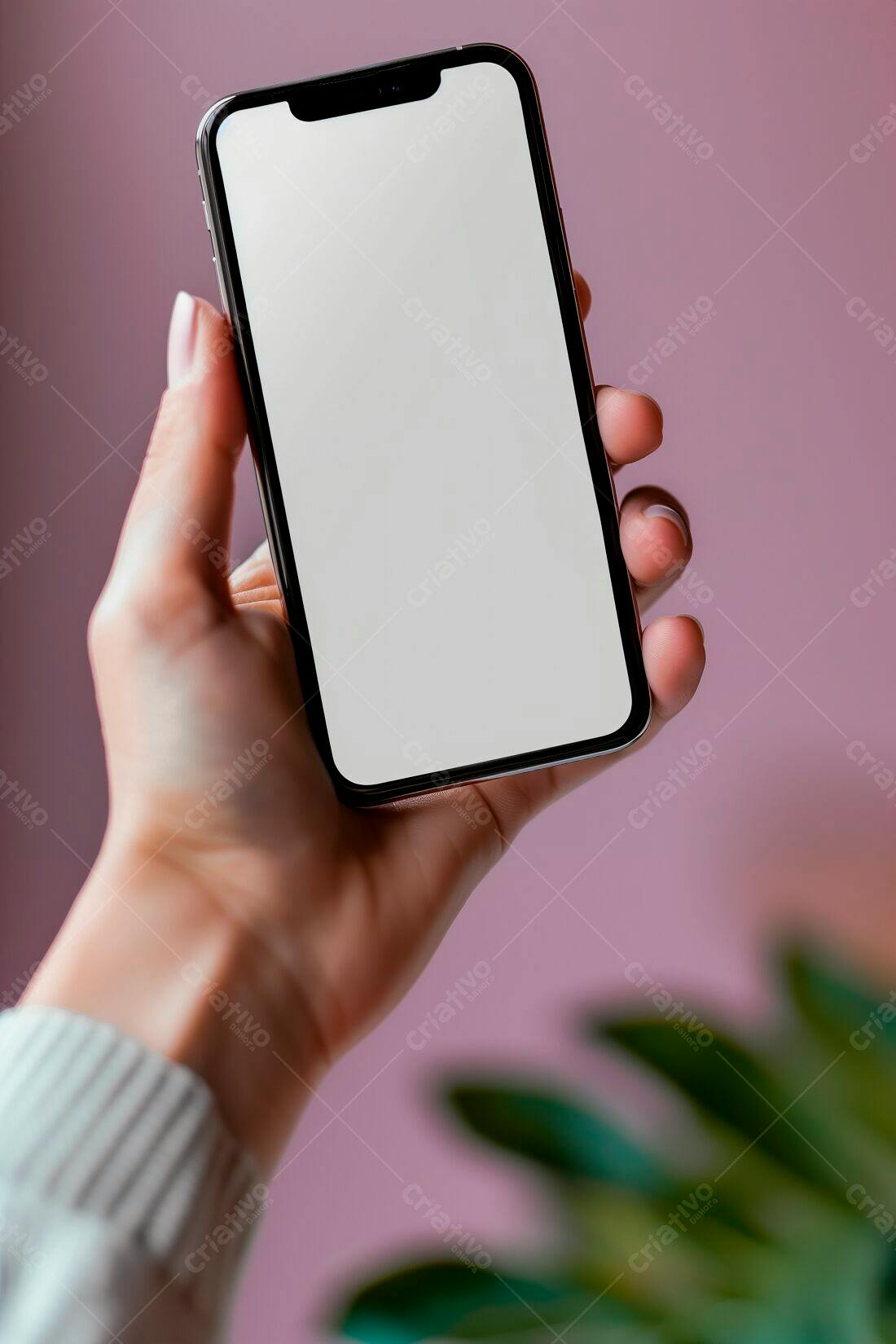 Mão segurando smartphone tela branca