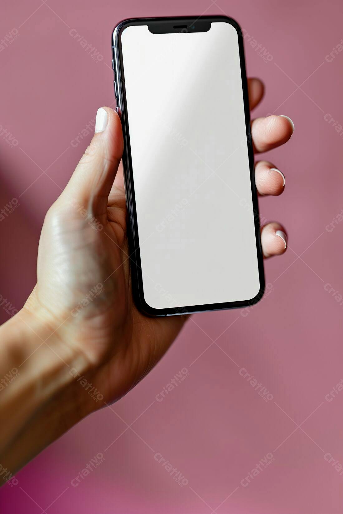 Smartphone em mão feminina fundo rosa