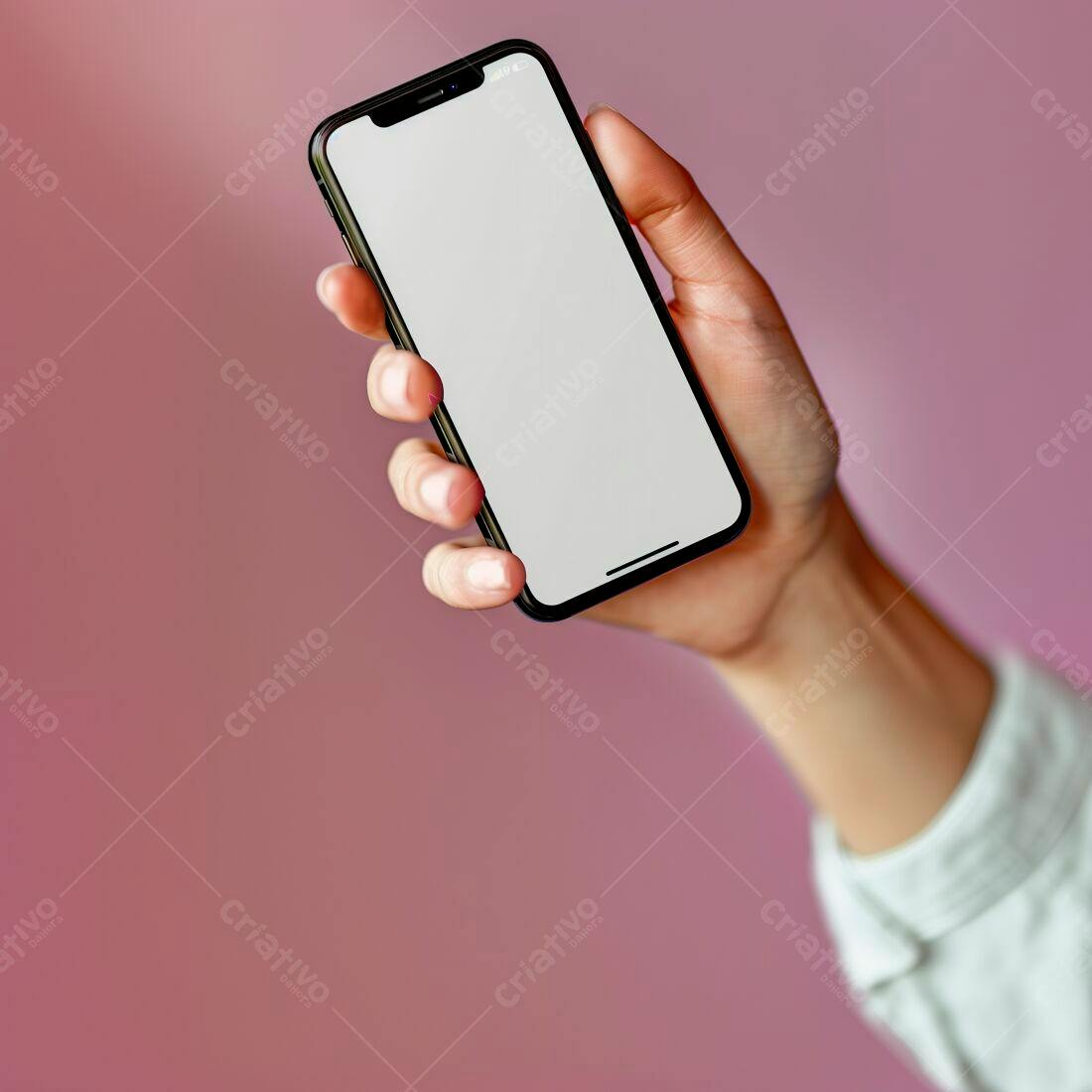Mão segurando smartphone tela branca fundo rosa