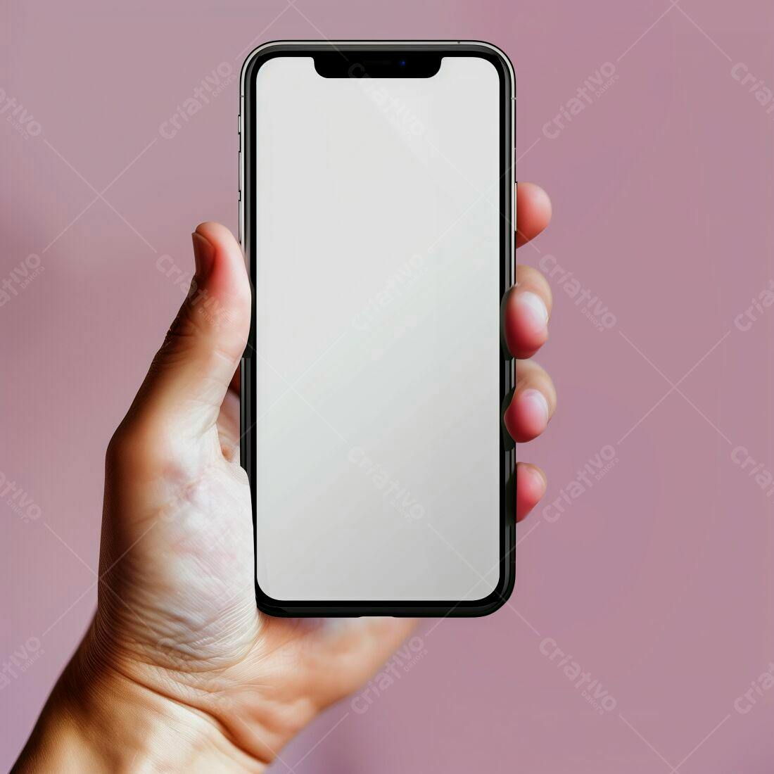 Mão segurando smartphone com tela em branco