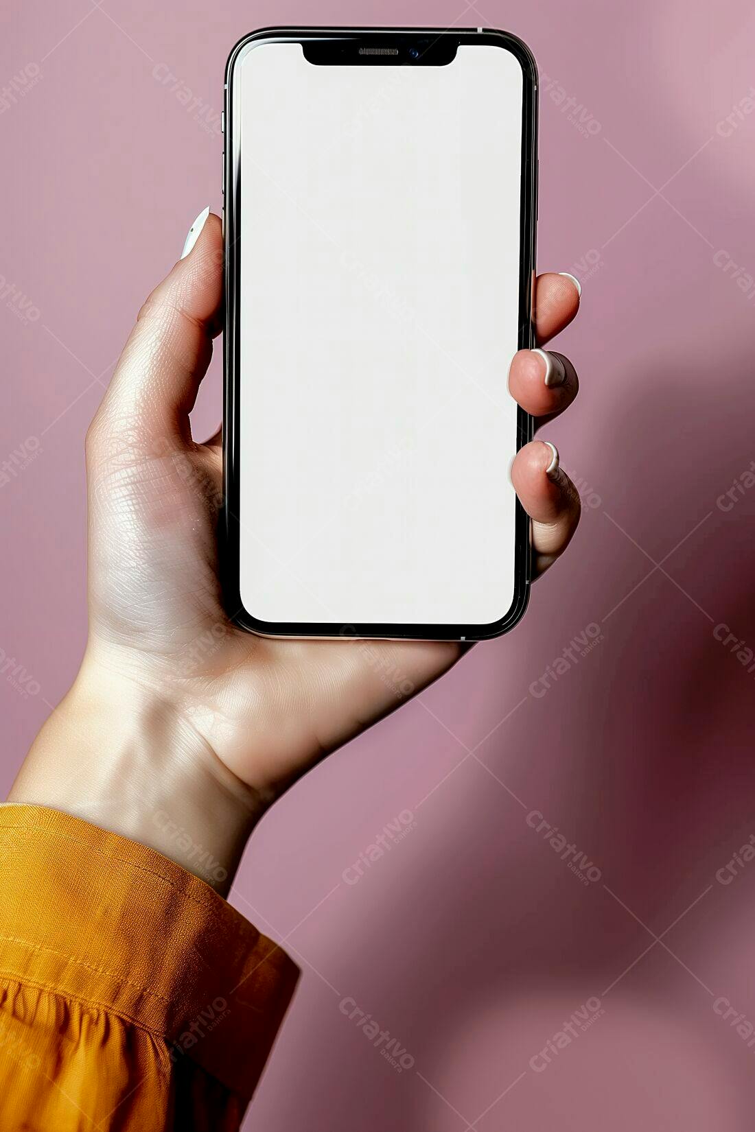 Mão segurando smartphone tela branca fundo rosa
