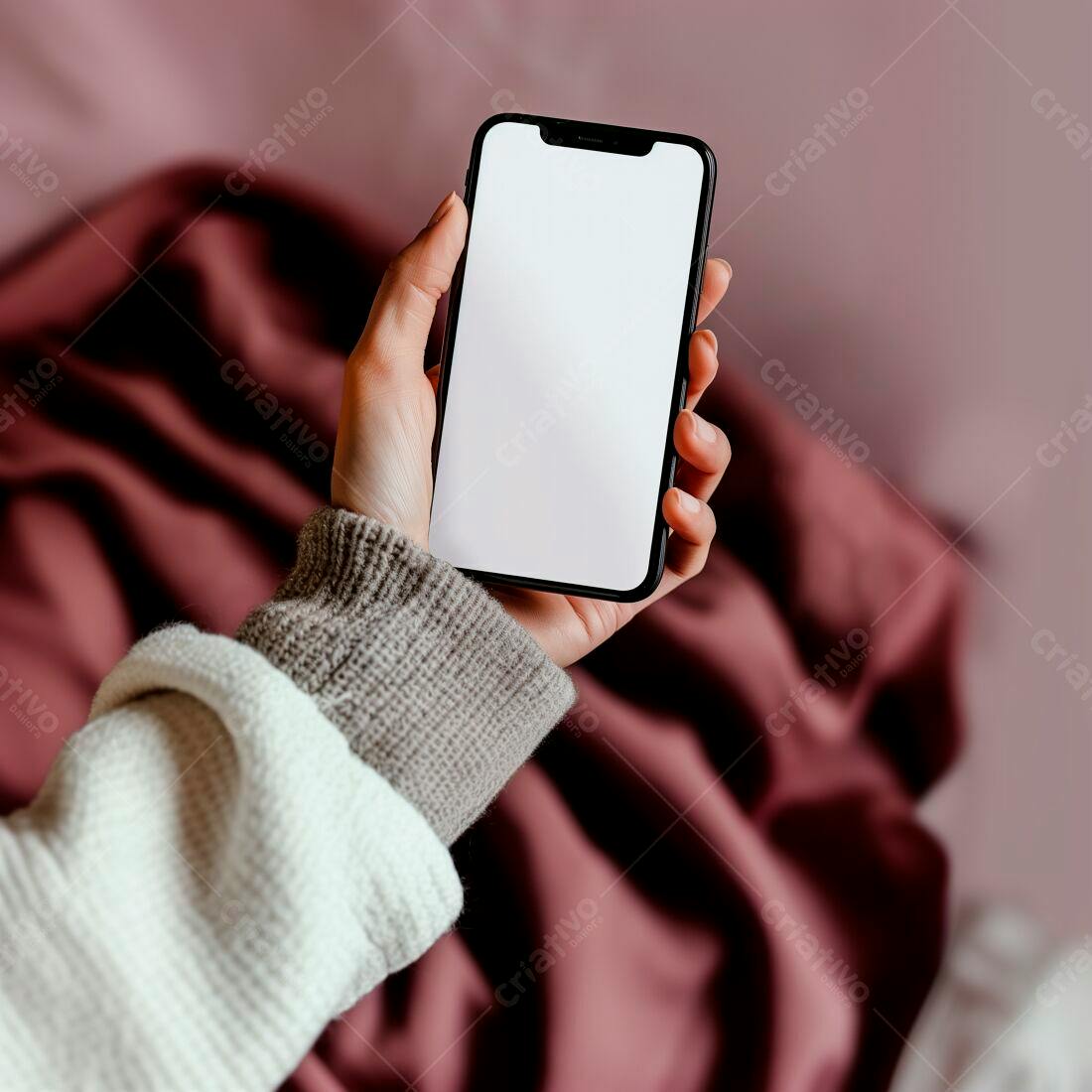Mão segurando celular com tela branca sobre tecido rosa