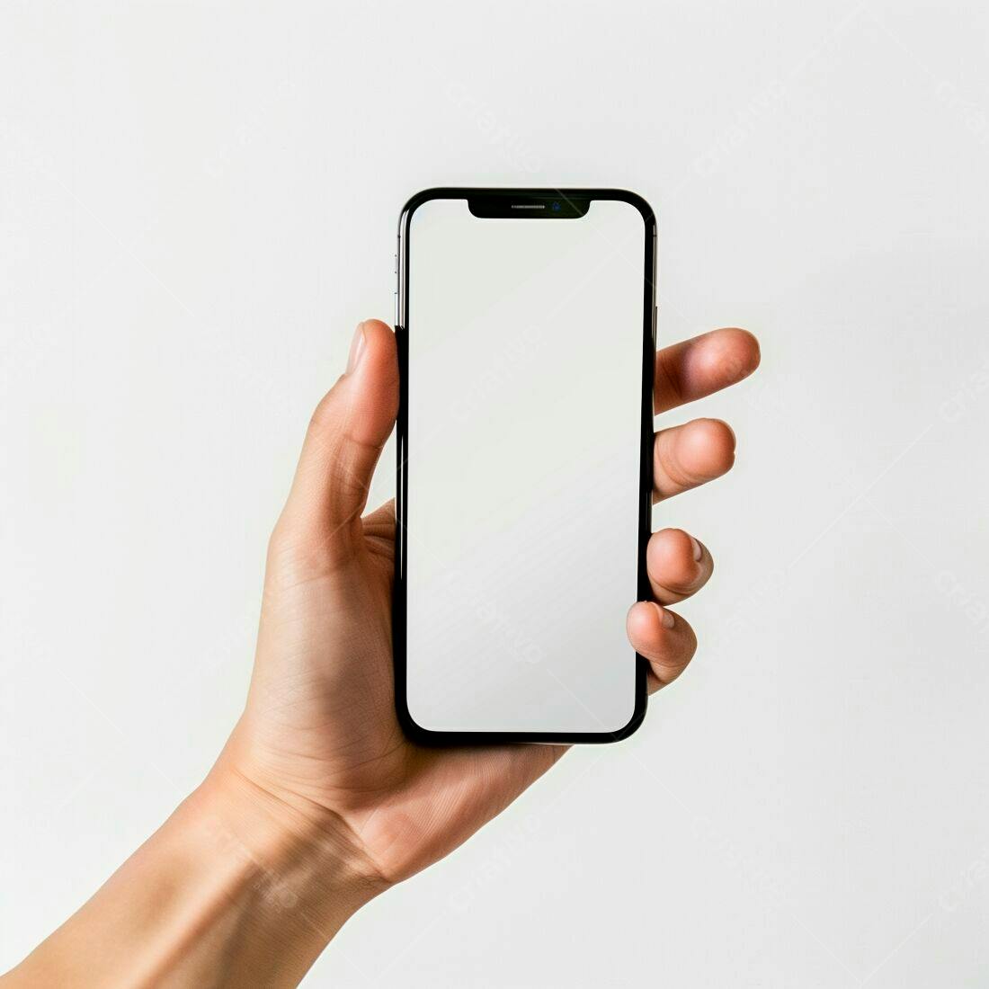Mão segurando smartphone tela branca fundo branco