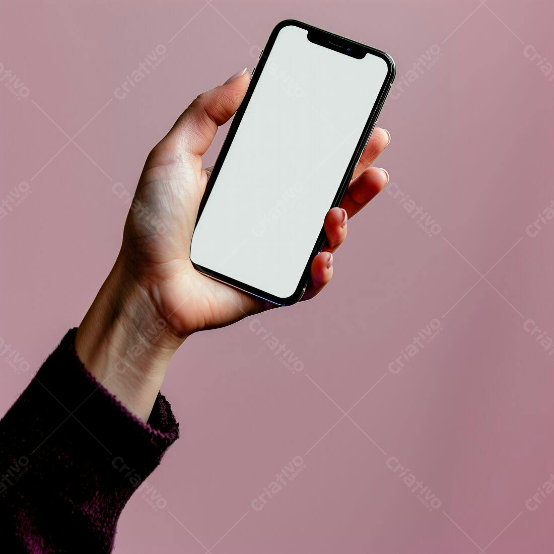 Mão segurando smartphone tela branca fundo rosa