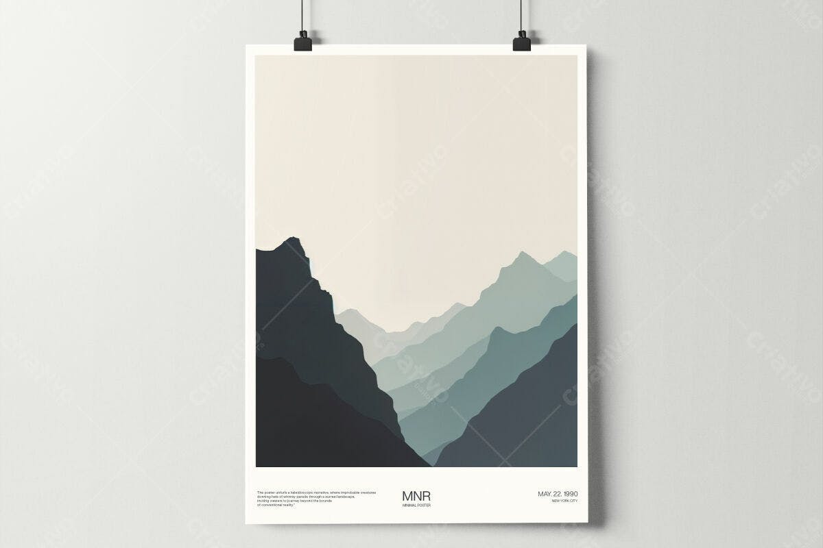 Poster Minimalista com Montanhas em Tons de Azul e Bege PSD Editável