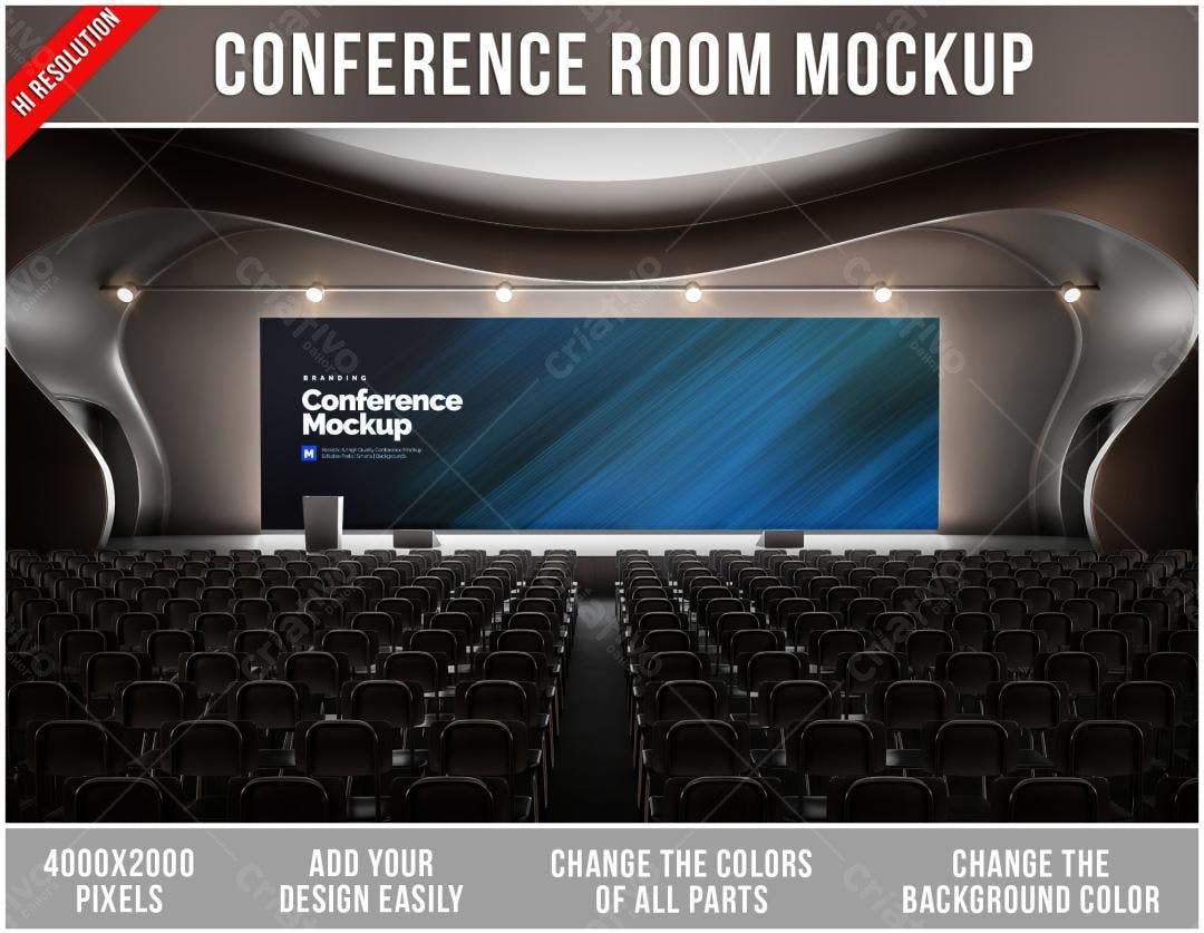 Mockup de Sala de Conferências Moderna com Tela Gigante