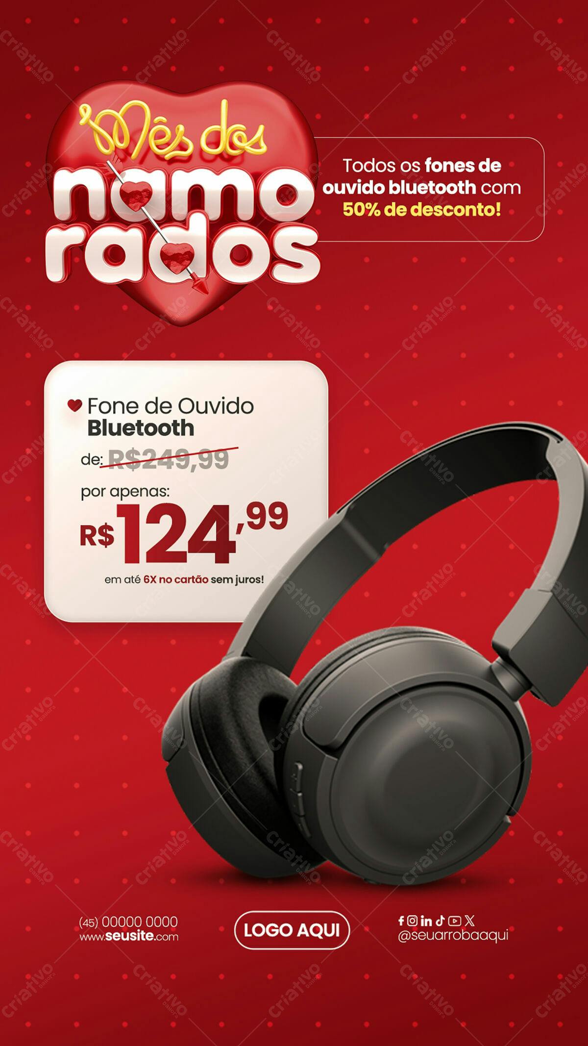 Flyer Dia dos Namorados com Promoção de Fones Bluetooth PSD Editável