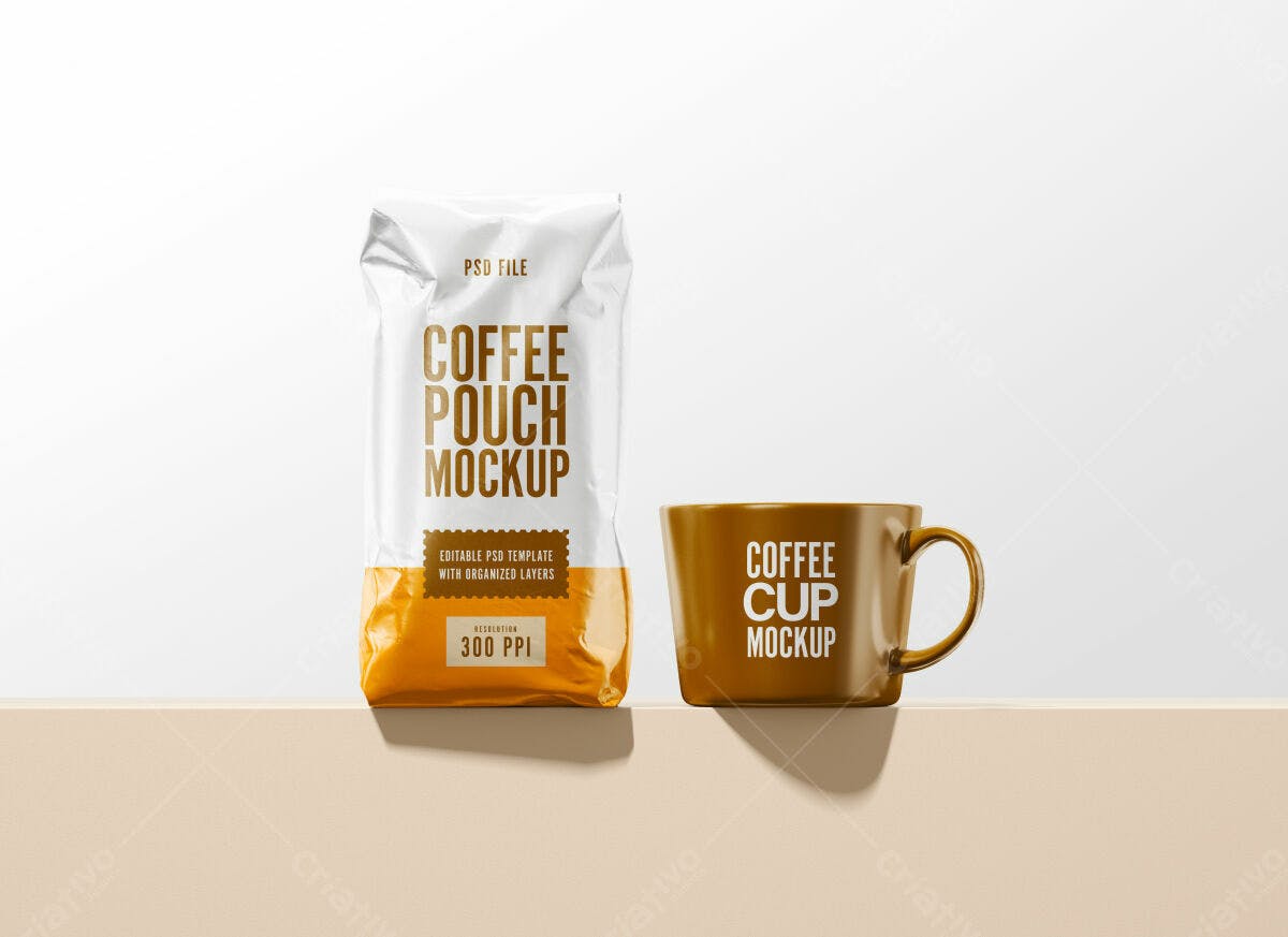 Mockup Embalagem e Caneca de Café PSD Editável