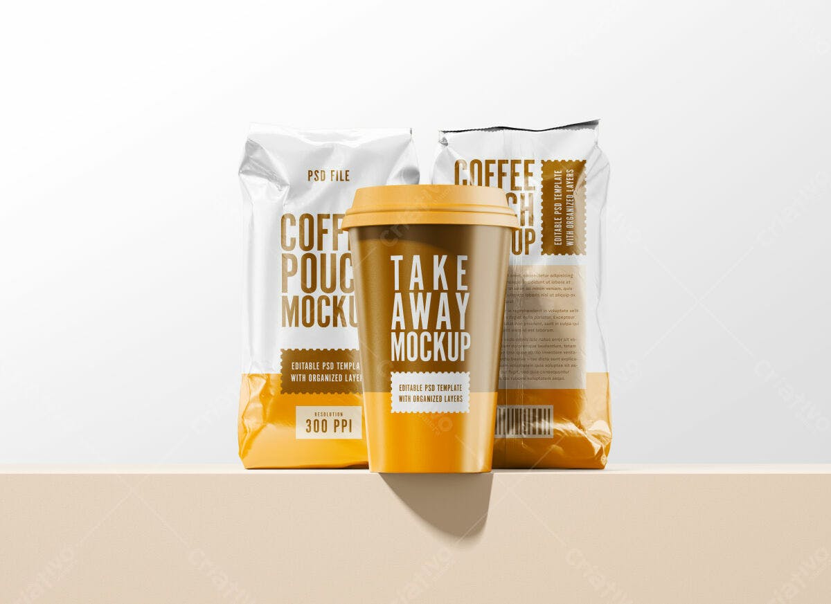 Mockup Embalagem e Copo de Café PSD Editável