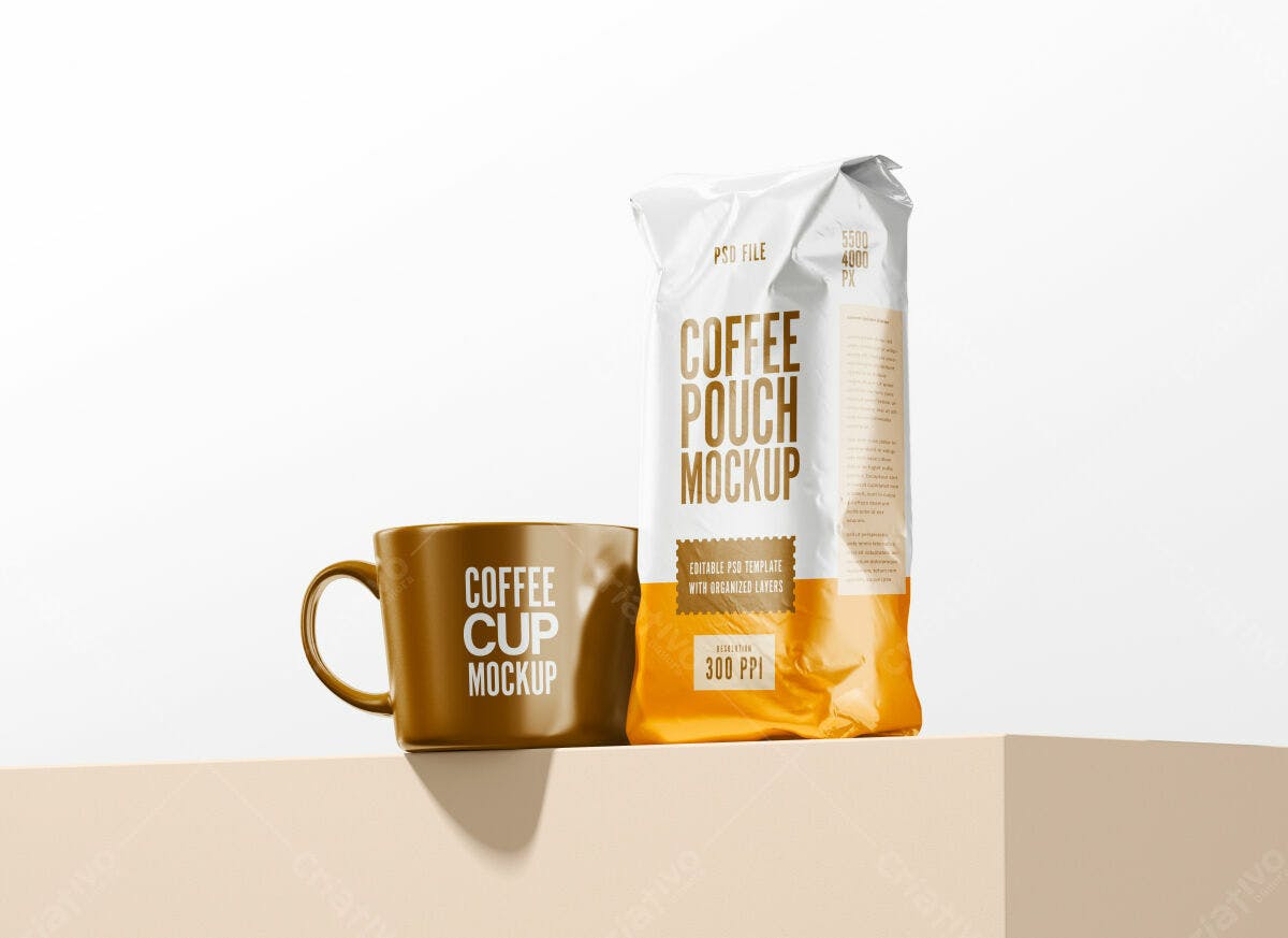 Mockup Embalagem de Café e Caneca PSD Editável