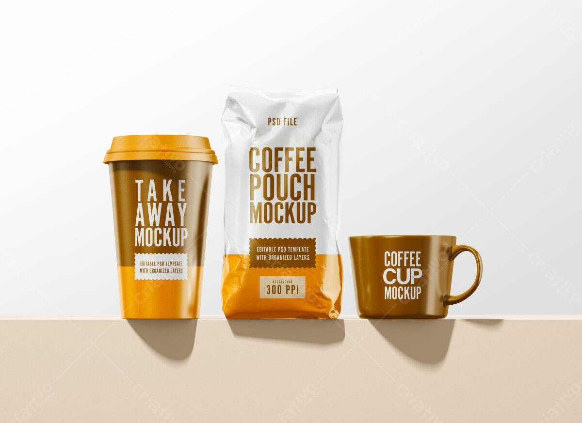 Mockup Embalagem Café: Copo, Sachê e Caneca PSD Editável