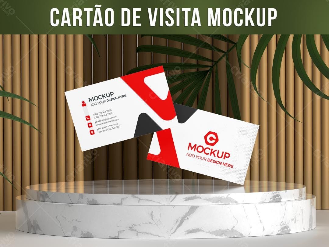 Mockup Cartão de Visita Moderno: Vermelho e Branco em Pedestal de Mármore