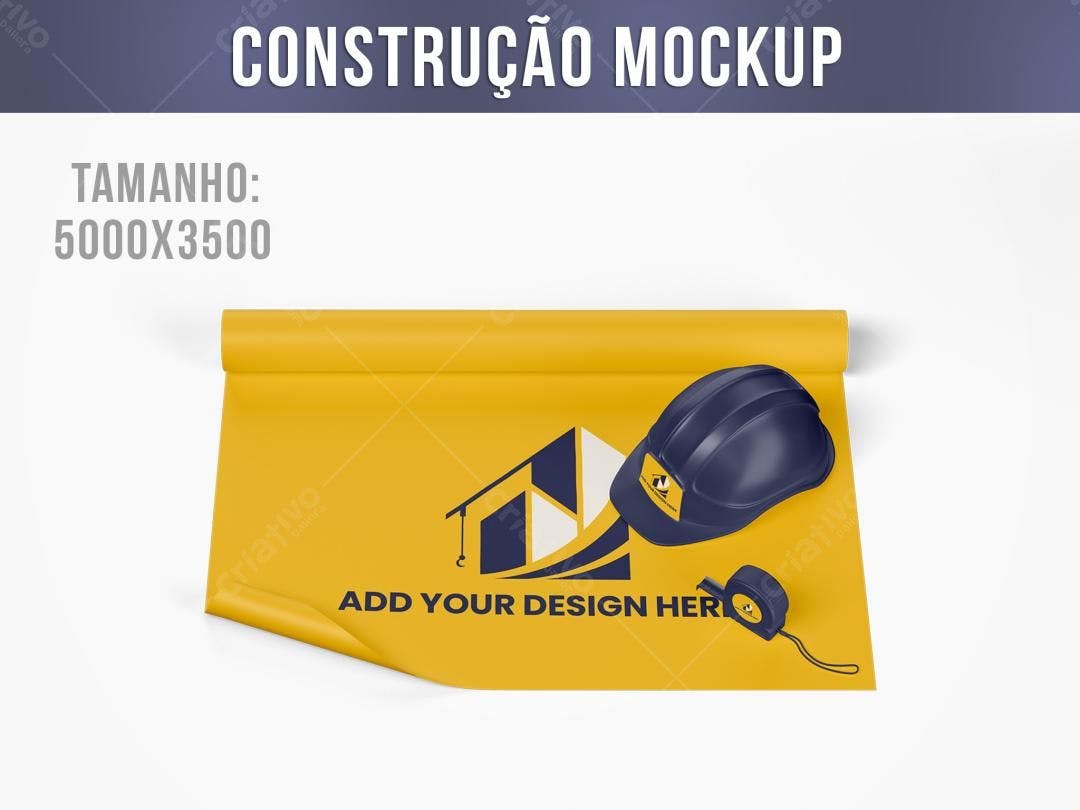 Mockup Realista de Banner para Construção com Capacete e Trena