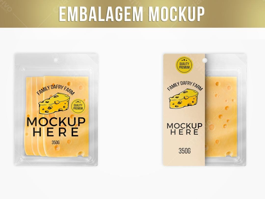 Mockup Embalagem de Queijo: Realista, Amarelo e Estilo Minimalista
