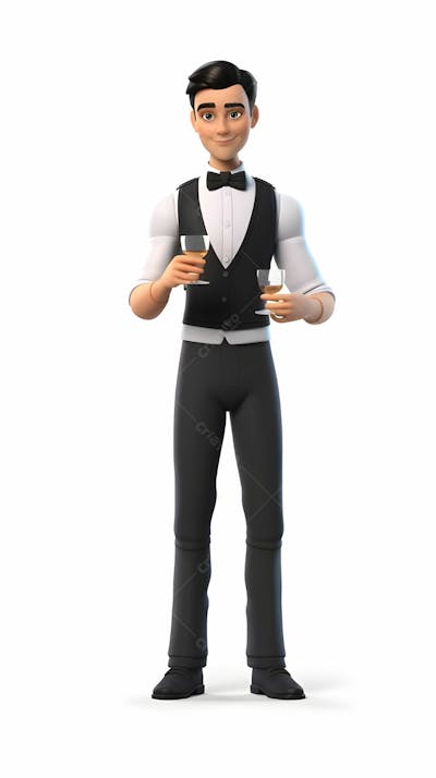 Personagem de desenho animado 3D do jovem garçom