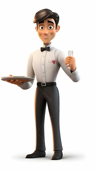 Personagem de desenho animado 3d de jovem garçom de uniforme