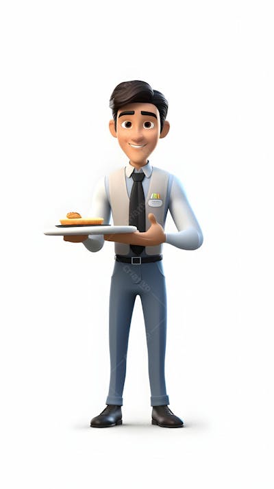 Personagem de desenho animado 3D de jovem garçom de uniforme com rosto sorridente