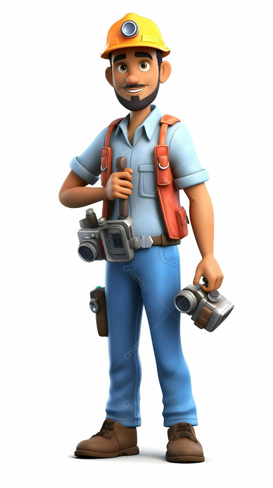Fotógrafo cartoon com câmeras e capacete