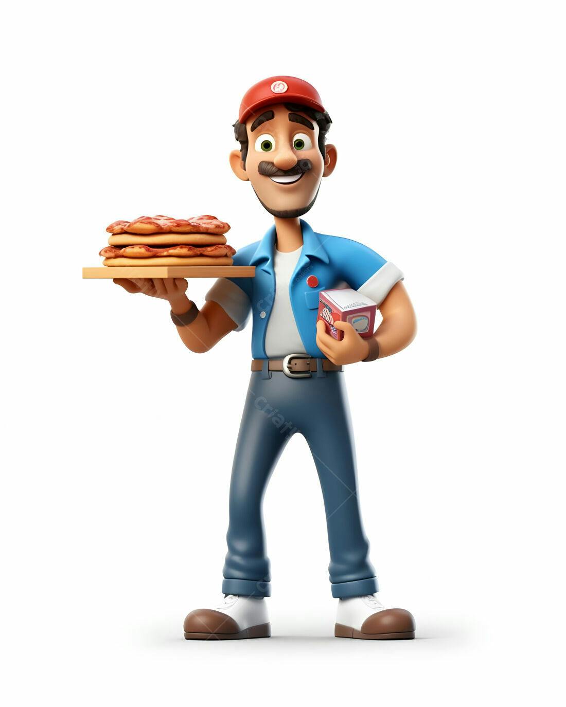 Entregador sorridente com pizzas e refrigerante