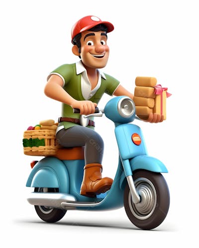 imagem de desenho animado em 3D de entregador de pizza em scooter
