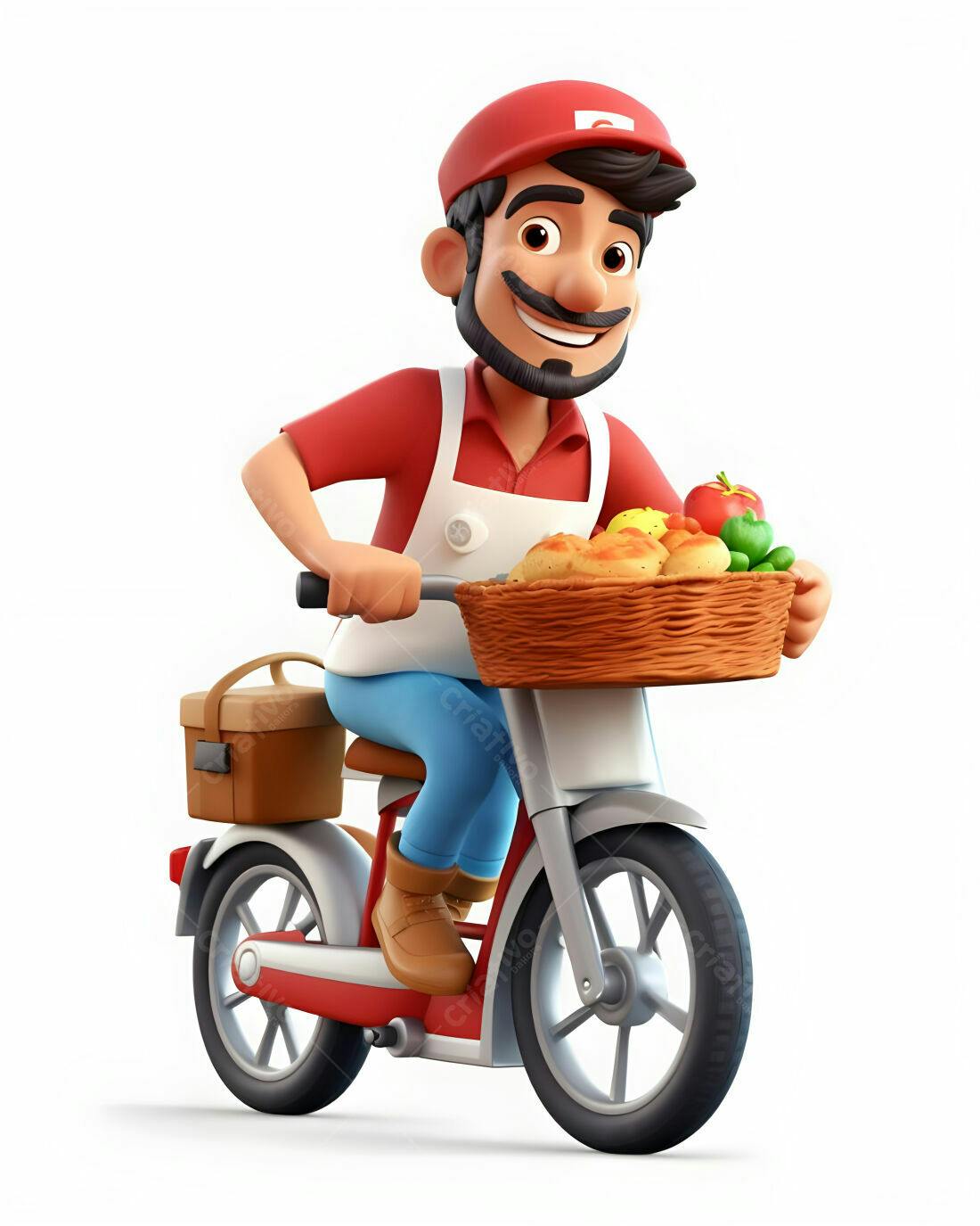 Entregador sorrindo em bicicleta com pães e legumes