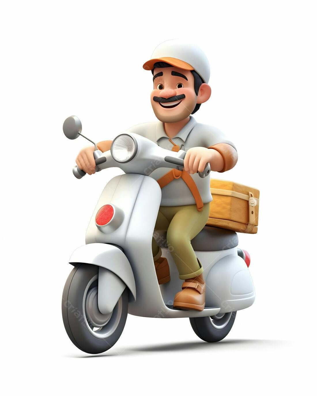 Entregador alegre em scooter branca
