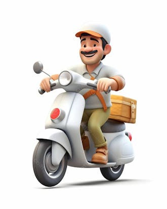 Desenho animado 3d de entregador de pizza em scooter