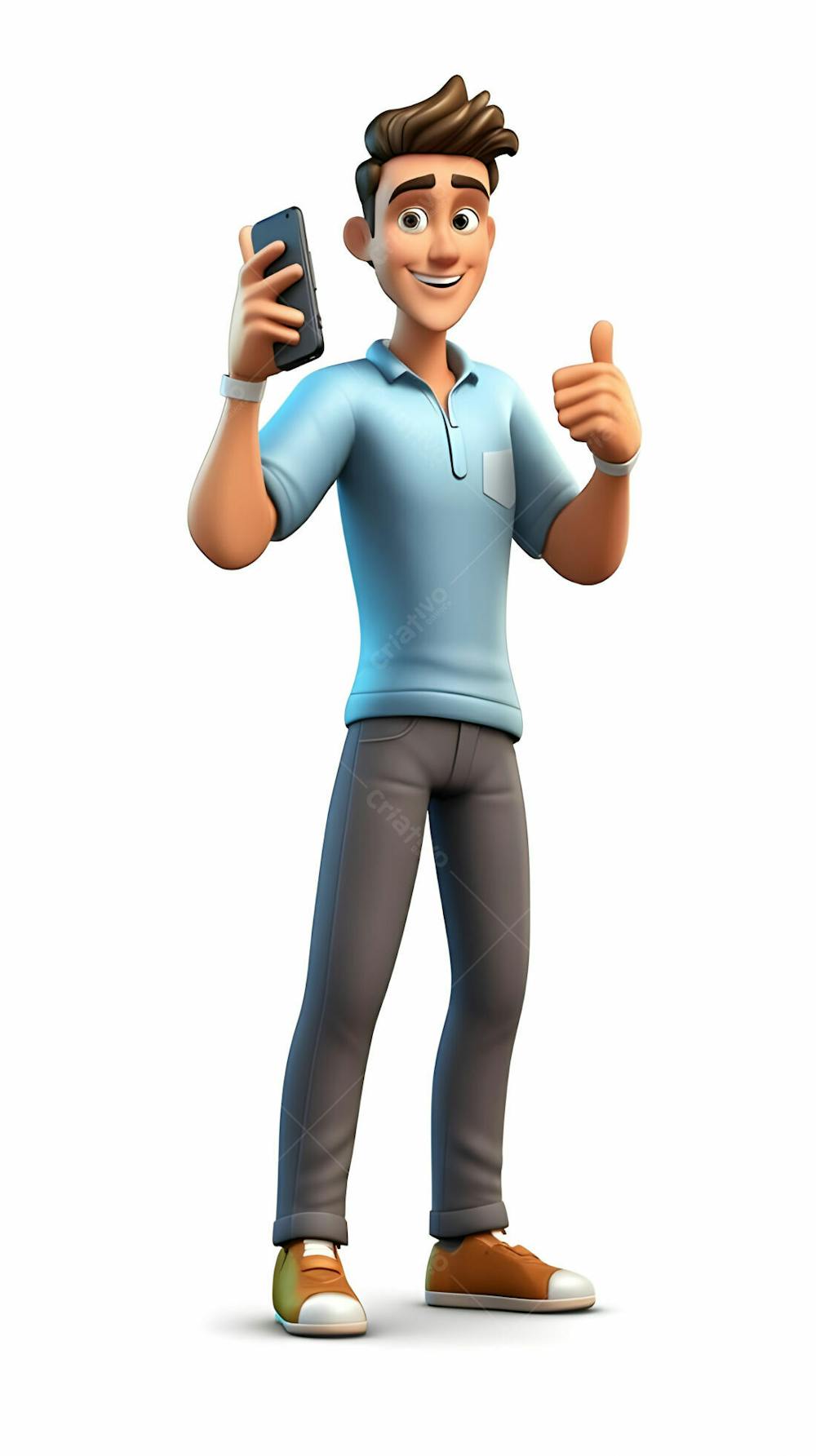 Desenho animado em 3D de menino com seu celular