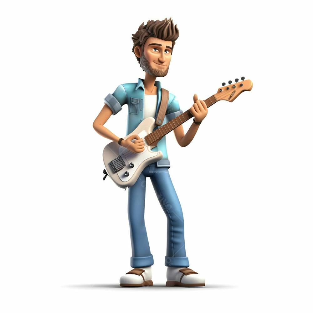 Personagem de desenho animado 3D de menino com guitarra