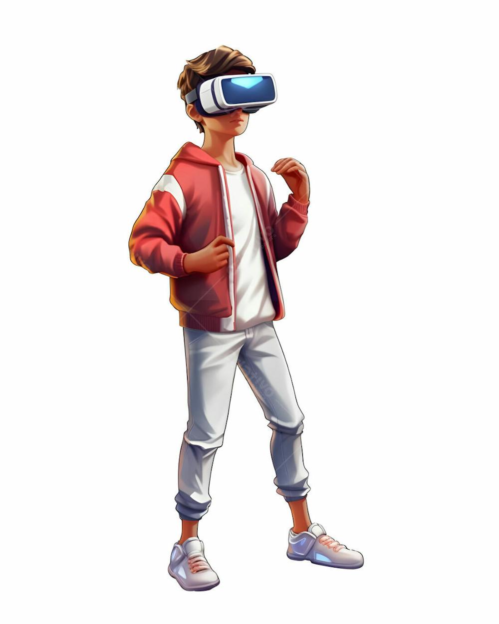 Personagem de desenho animado 3D de menino usando óculos de realidade virtual