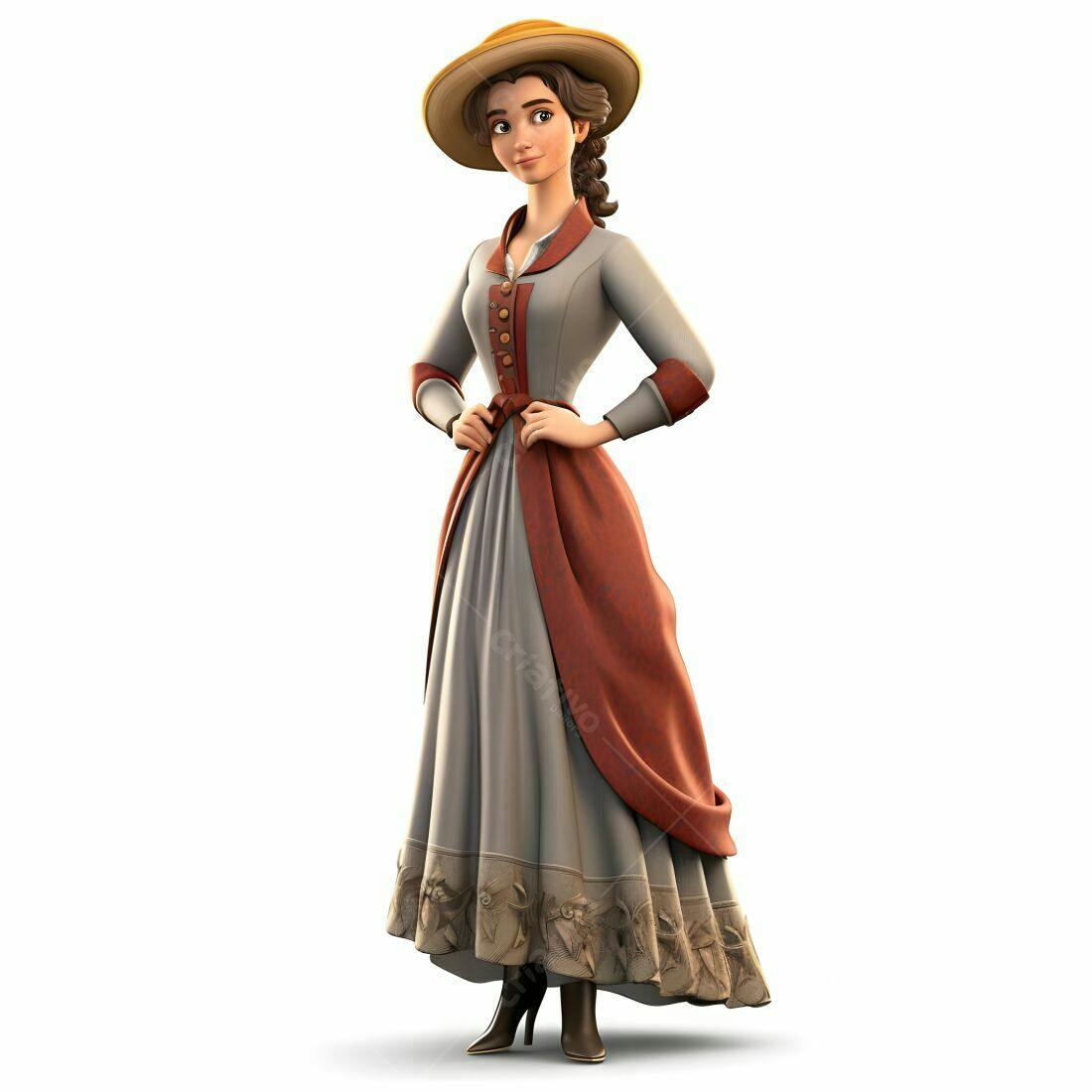 Mulher em vestido estilo vitoriano cinza e marrom