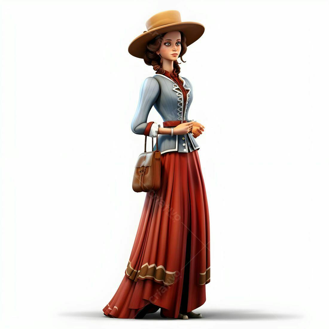 Ilustração mulher estilo vintage roupa vermelha e azul