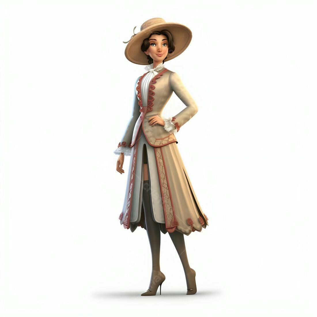 Mulher animada em vestido vintage bege